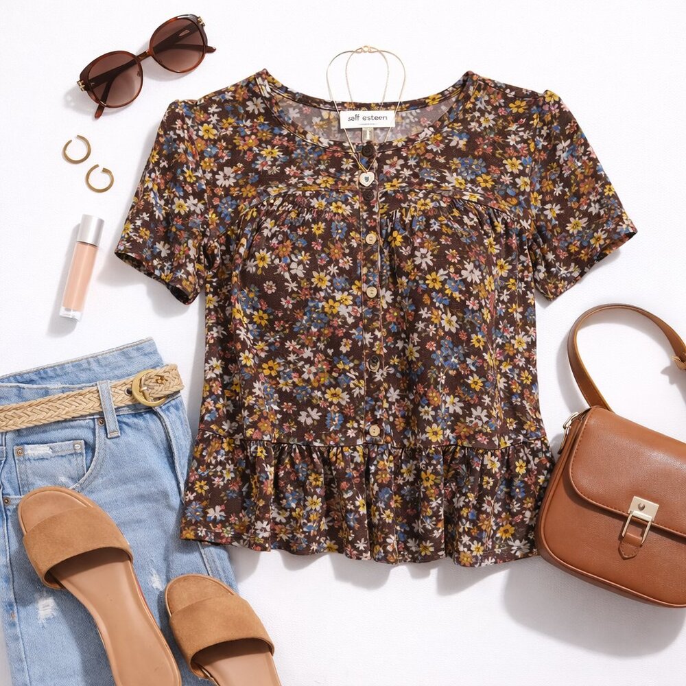 💚  Self Esteem Floral Button Front Top | Size M | Brown Boho Peplum Blouse